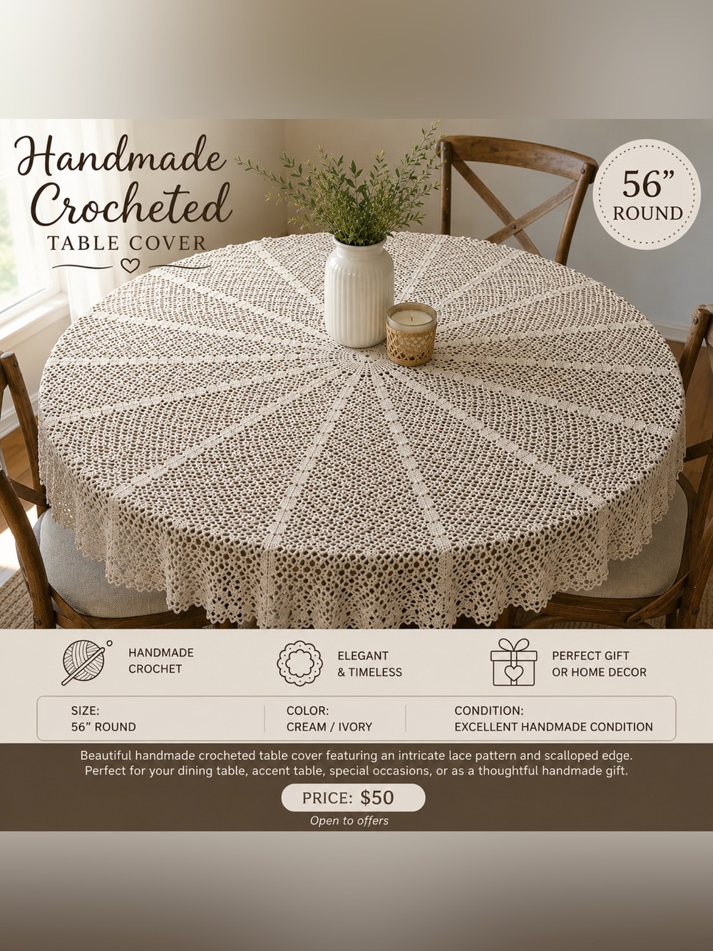 Handmade Vintage Crochet Round Table Cover – 56” Cream/Ivory